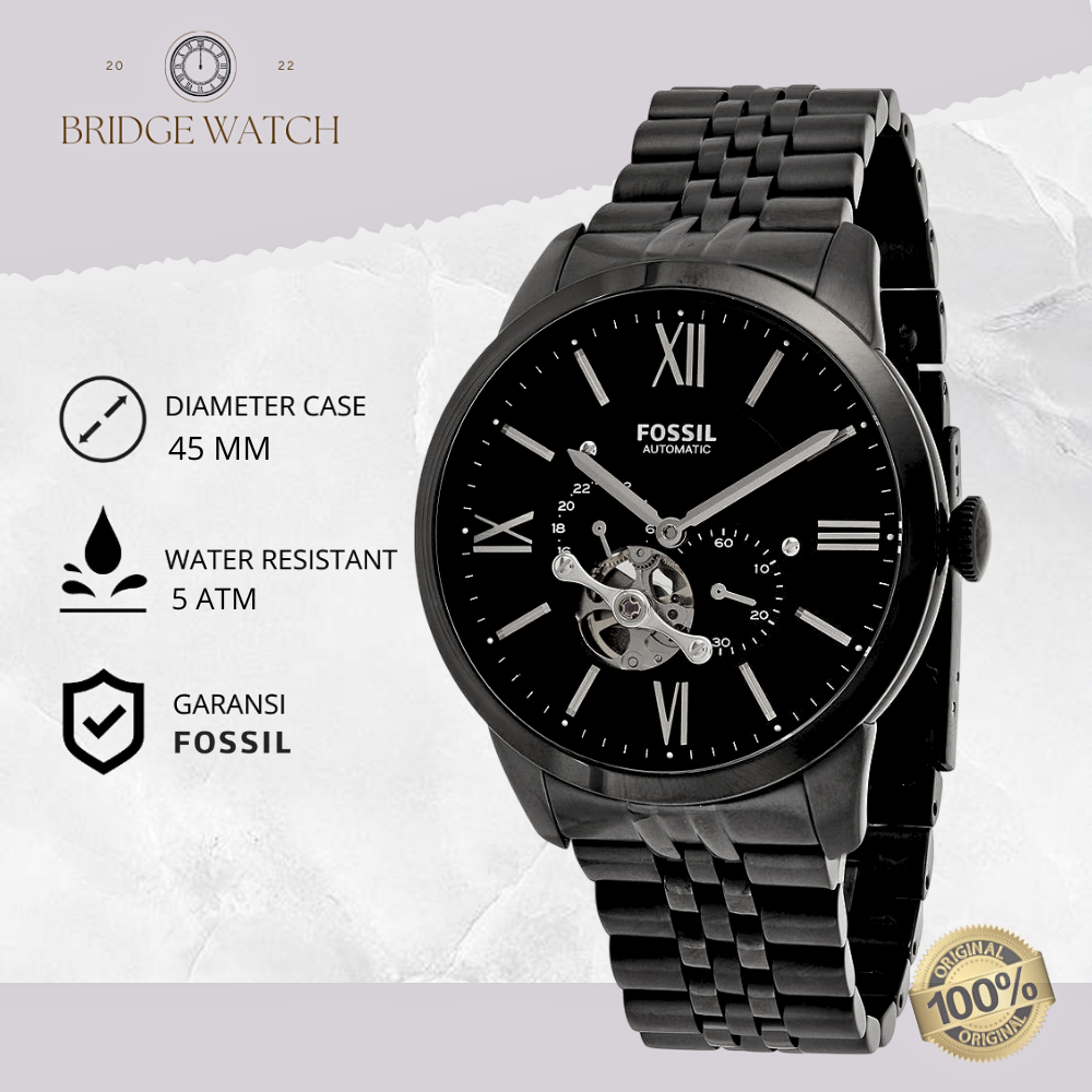 Jam Tangan Pria Fossil Automatic Townsman Chronograph Analog Strap Rantai Hitam Cowok Black Stainles