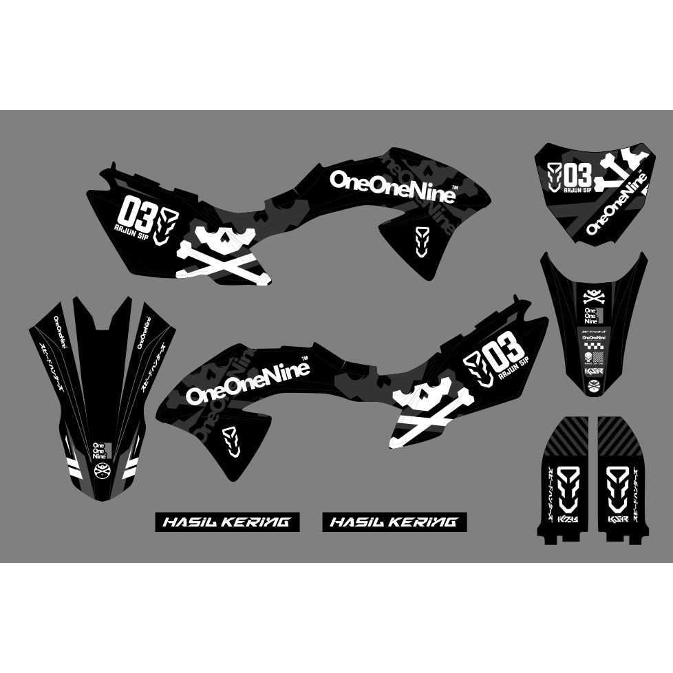 Stiker KLX 150 BF decal setiker KLX 150 BF MOTIF oneonenine hitam abu list putih