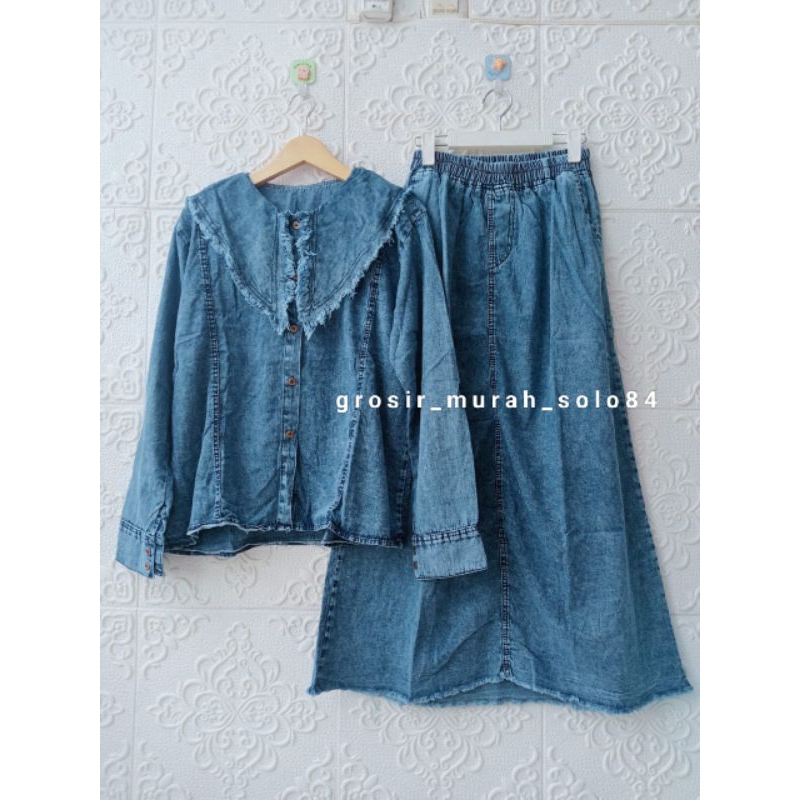 Setelan Wanita Rimar Kemeja + Rok Mayung Jeans Wash Terbaru