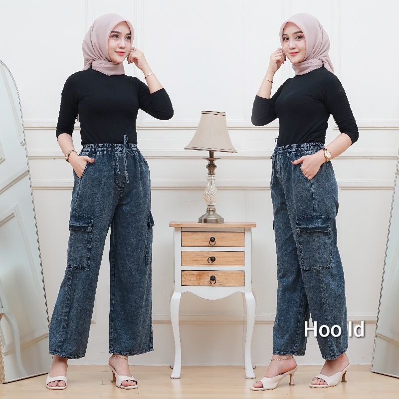Celana Soft Jeans Kulot Cargo Wanita Korea Style Melar Standar Jumbo