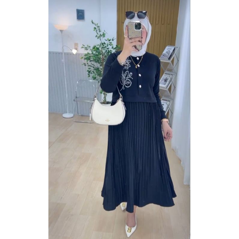 gamis midi dress plisket wanita kaos knit rajut import bordir