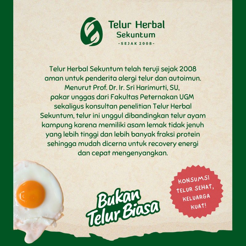

Telur Herbal Sekuntum (30 butir) - Telor Ayam Anti Alergi, Omega 3 6 9, Bebas Antibiotik, Tidak Amis