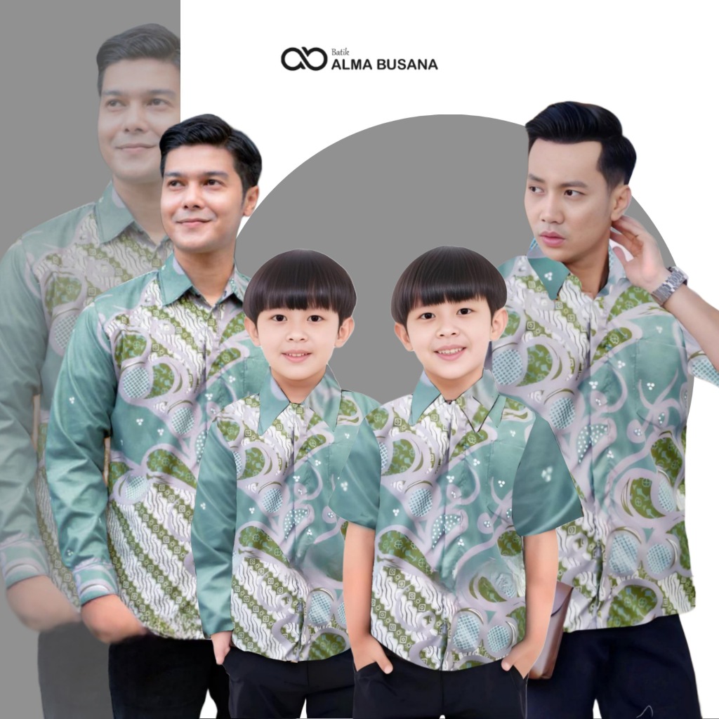Kemeja Batik Anak Laki Laki Warna Hijau Sage Batik Pria Dewasa Lengan Panjang Couple Batik Ayah dan 