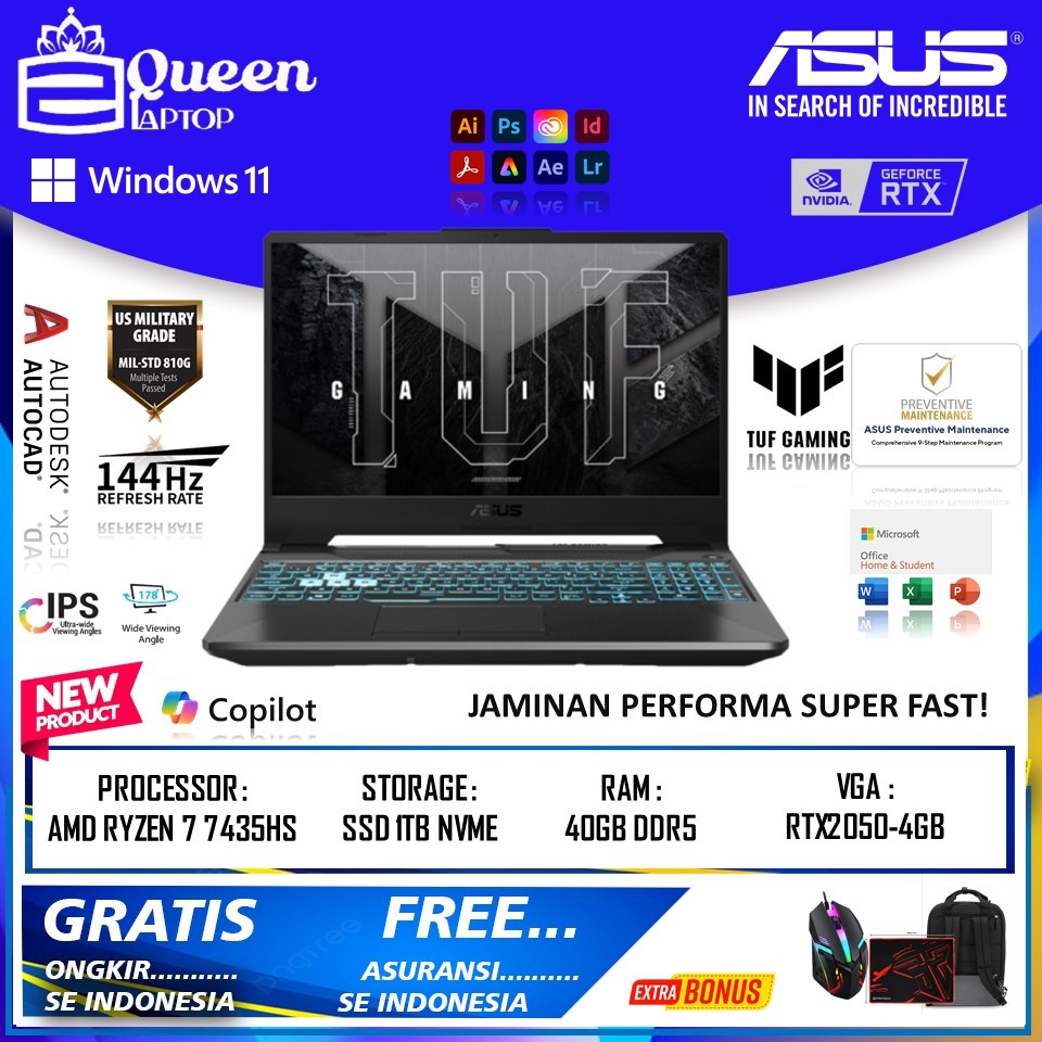 Laptop Gaming Asus Tuf A15 FA506NFR Amd Ryzen 7 7435HS 40GB 512GB SSD RTX2050 4GB 15.6 FHD 144hz