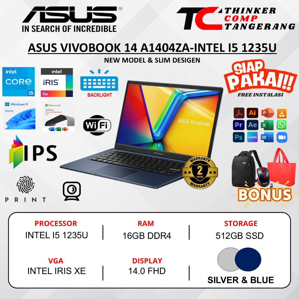 Laptop Kantor Asus Vivobook A1404ZA Intel Core i5 1235U 16GB 512GB FHD Backlit Windows 11 Original