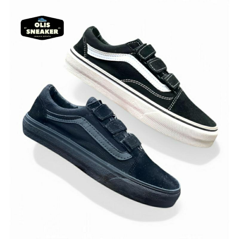Bisa COD Sepatu Sekolah Hitam Putih Pria Wanita Tanpa Tali Perekat Perepet / Sepatu Pria Wanita Hita