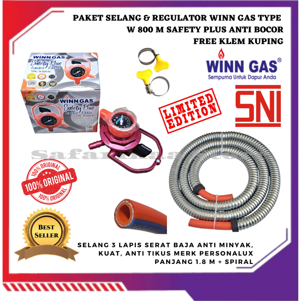 REGULATOR ANTI BOCOR KOMPOR GAS LPG WINN GAS W 800 M SAFETY PLUS SET SELANG SERAT BAJA 1000 PSI