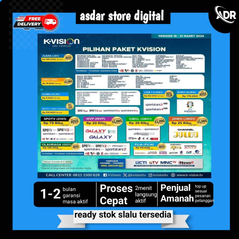 paket Cling K Vision | 12 bulan | 6 bulan | seluruh jenis K-Vision Bisa | 2 menit langsung aktif