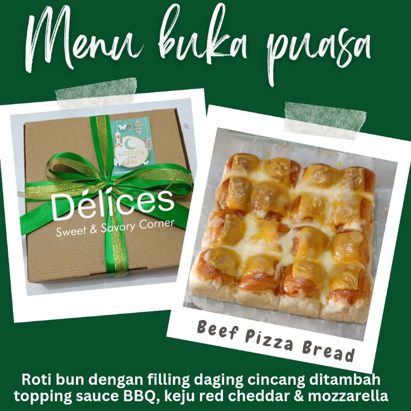 

Beef Pizza Bread, Roti soft Bun dengan filling daging sapiditambah topping sauce BBQ, keju red cheddar dan mozzarella. Cocok juga untuk hampers Ulang Tahun atau acara lainnya