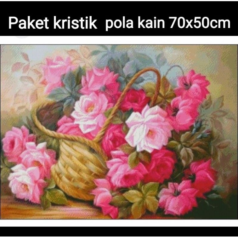 Paket kristik bunga mawar peoni vas pola kain cross stitch