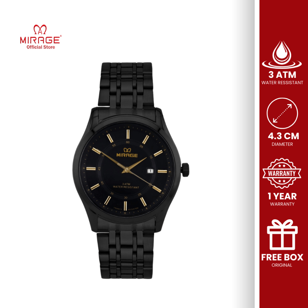 Mirage Jam Tangan Pria Analog Hitam Stainless Anti Karat Anti Air Original Bergaransi 1 Tahun 8830 M