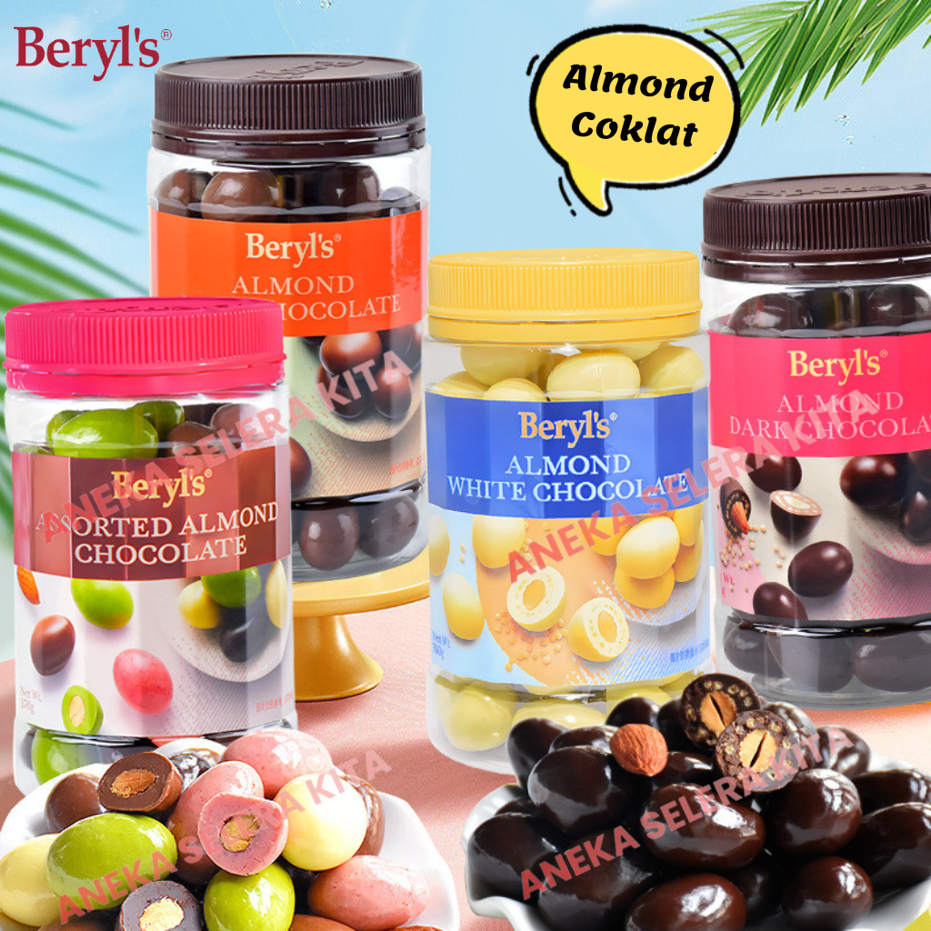 

QH Beryls Crunchy Assorted Almond Green Tea Milk White Chocolate Halal Kemasan Jar 380gr & 450gr