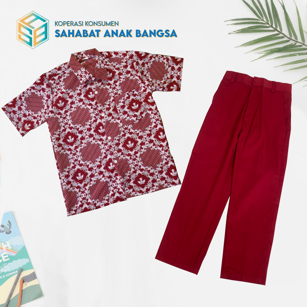 Seragam Batik Sekolah Dasar (SD) Motif Bunga Lereng Satu Set Celana Merah