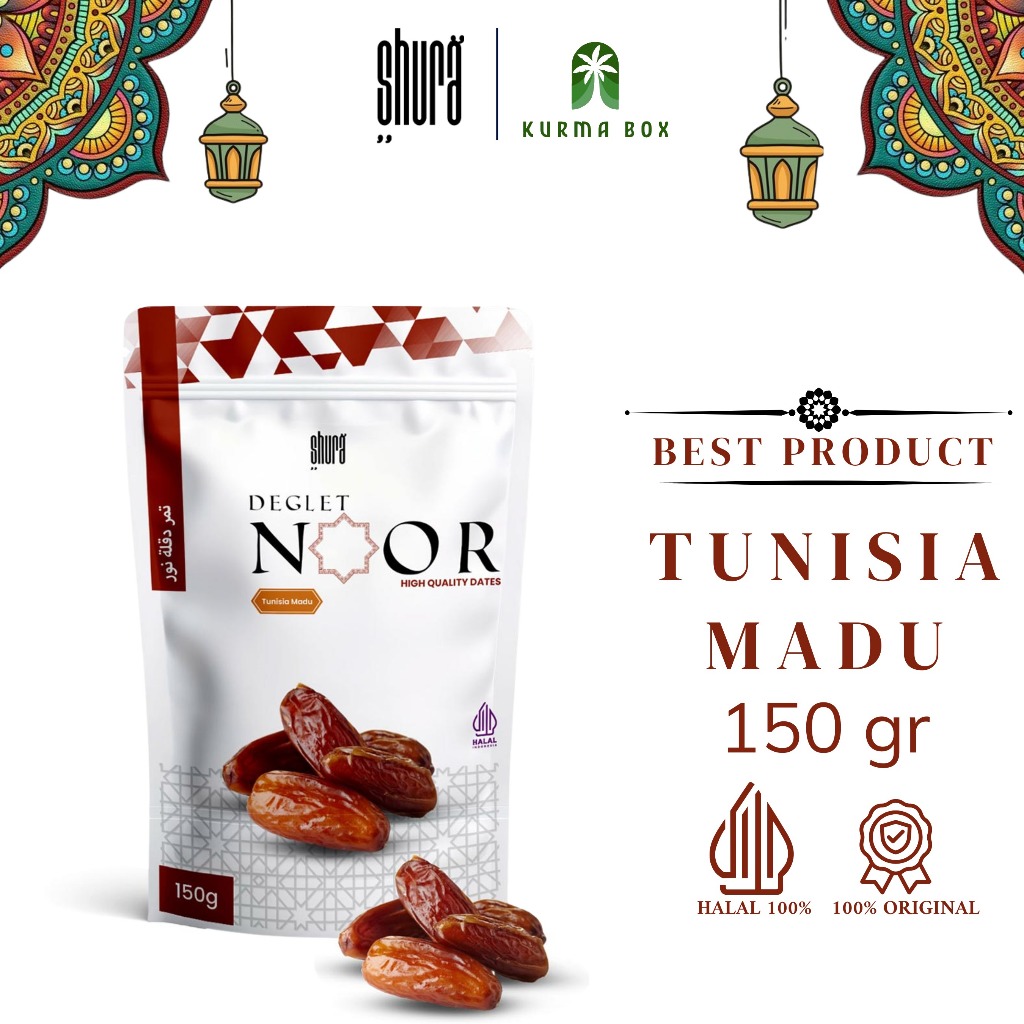 

Shura Kurma Tunisia Non Tangkai Pouch 150 Gram Kurma Deglet Noor Asli dari Madinah