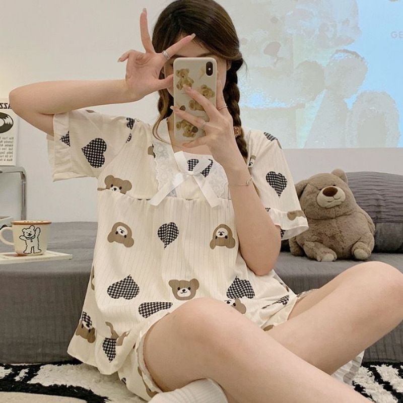 Piyama / Baju Tidur Wanita Satin Susu motif Teddy Love