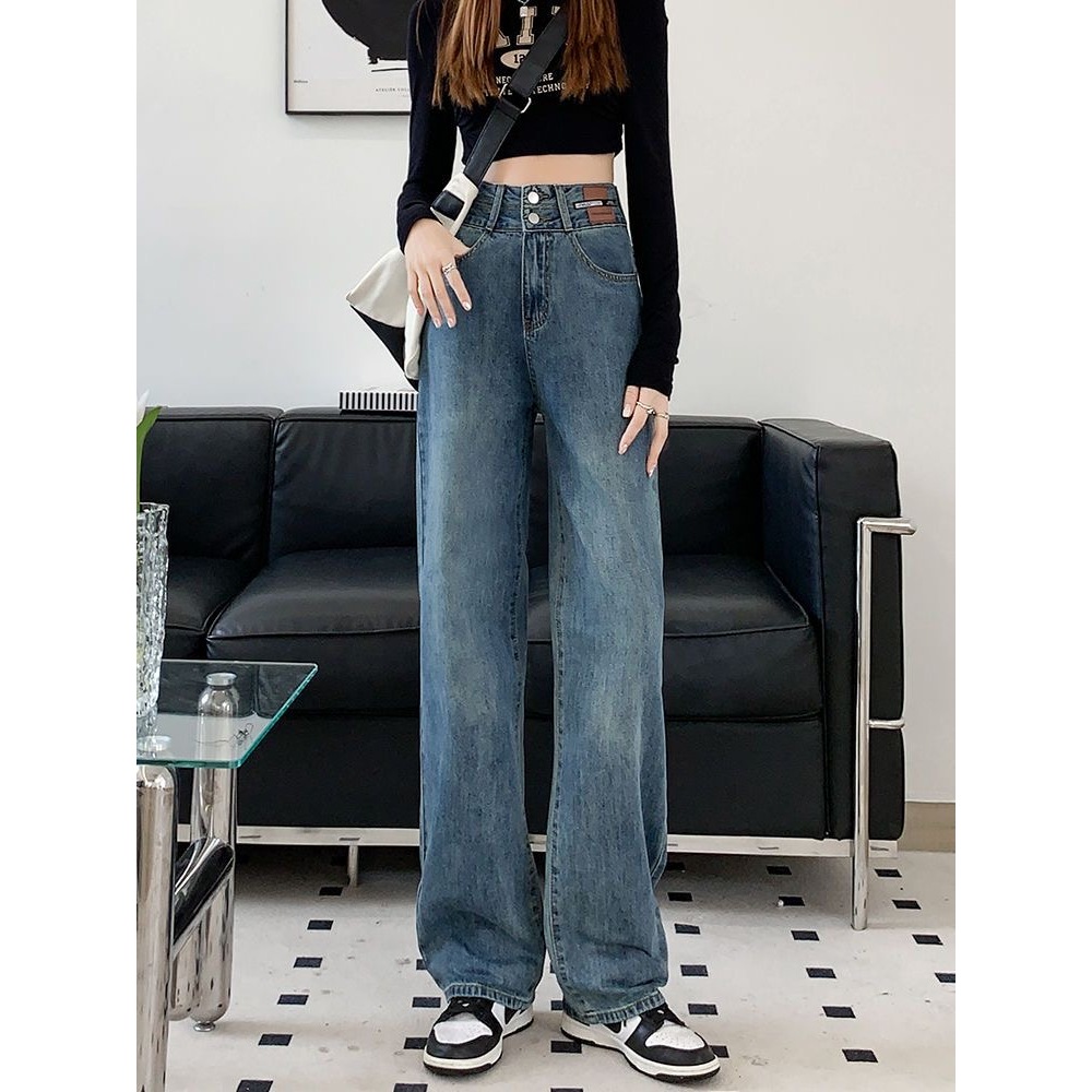 Biru retro celana jeans lurus longgar wanita korean style celana highwaist jeans
