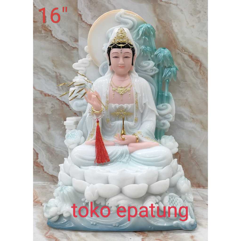 patung dewi kwan im / kwan in / guan yin - marmer - bambu - duduk - 16 inch - l25