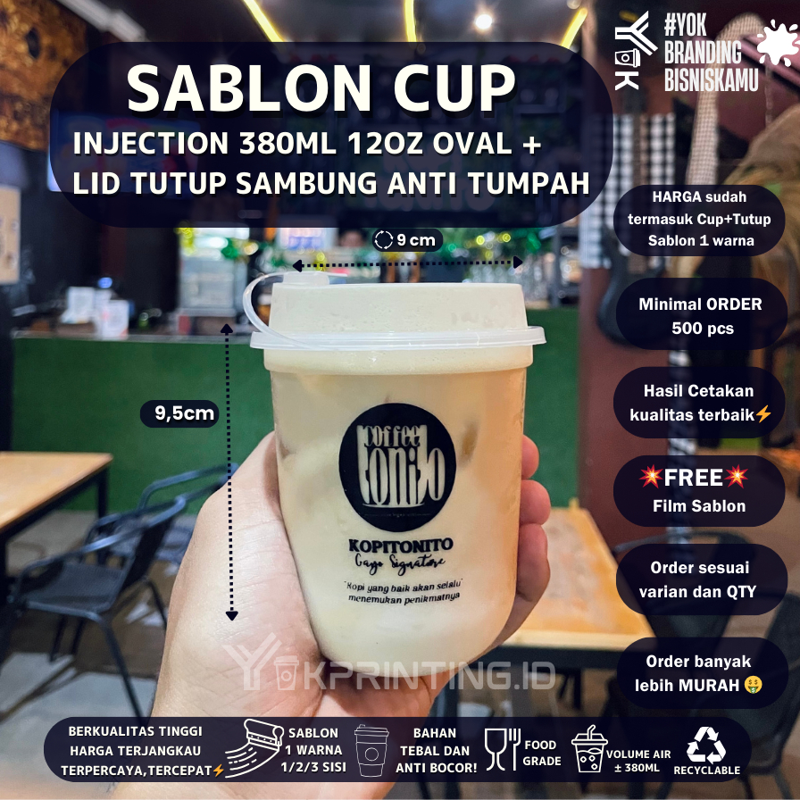 Sablon cup Injection 380ml 12 oz oval Custom Cup/Gelas Injection Tebal Anti tumpah 1 Warna