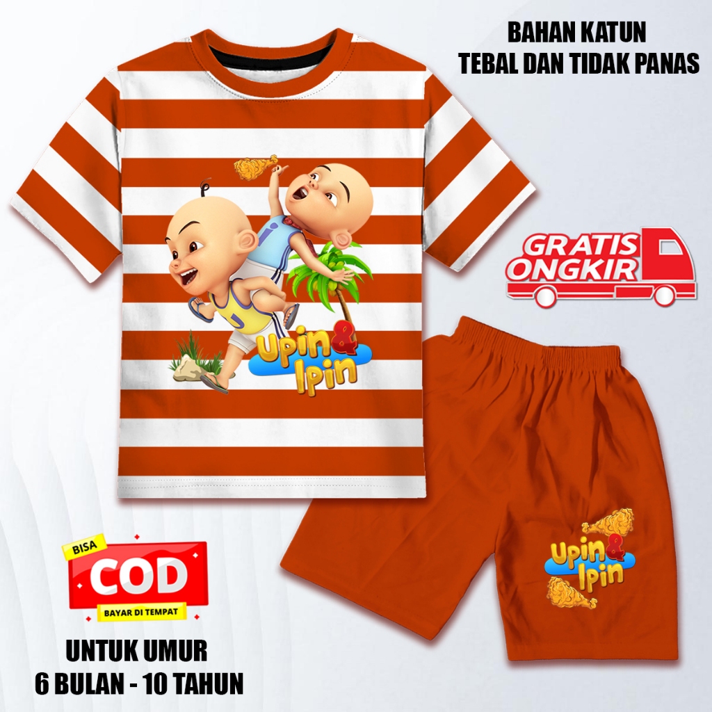 Setelan salur lengan pendek anak laki laki perempuan set baju kaos anak katun upin ipin ayam goreng