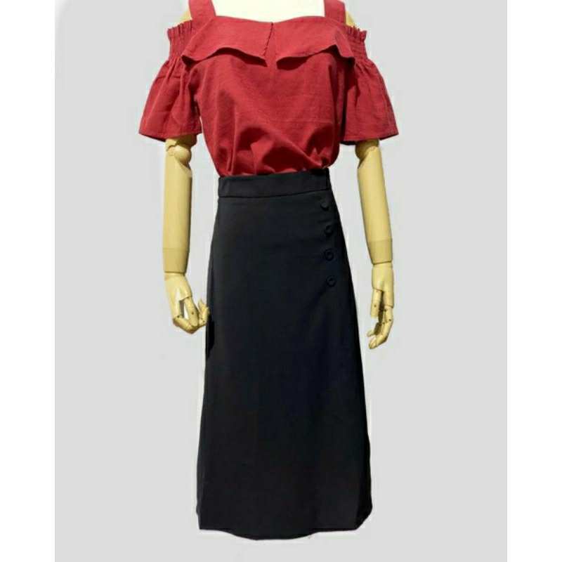 SPAO A LINE MIDI SKIRT BLACK HIGHWAIST BUTTON SLIT ROK HITAM KOREA ORIGINAL