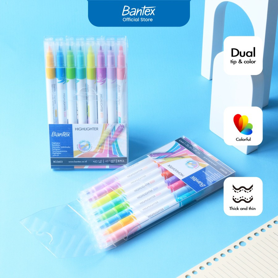 

Bantex Highlighter Dual Color / Penanda Teks Ujung Dua Warna Satu Set Isi 8 Pcs 16 Warna Pastel # BG3603