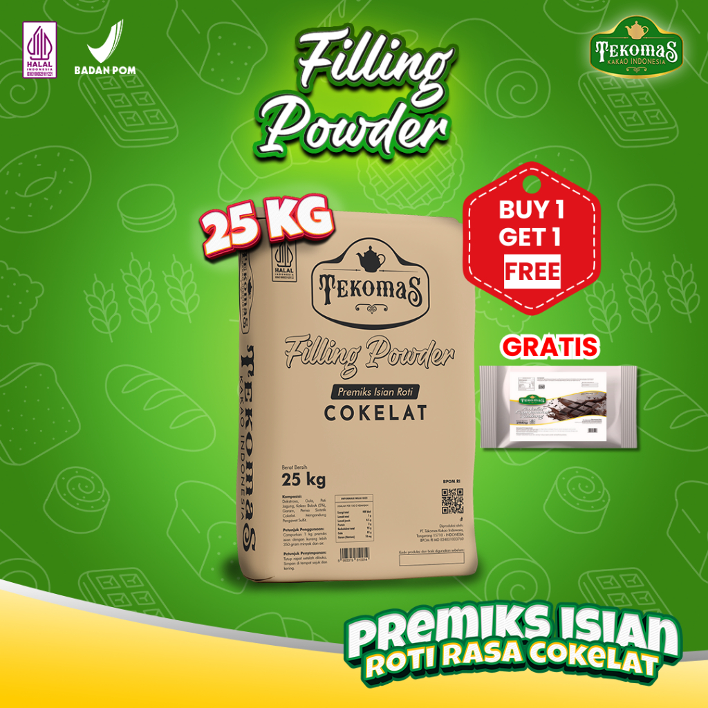 

TEKOMAS - Filling Powder 25 kg (FREE COKLAT) Premiks Isian Roti Rasa Cokelat Bahan Kue Siap Pakai