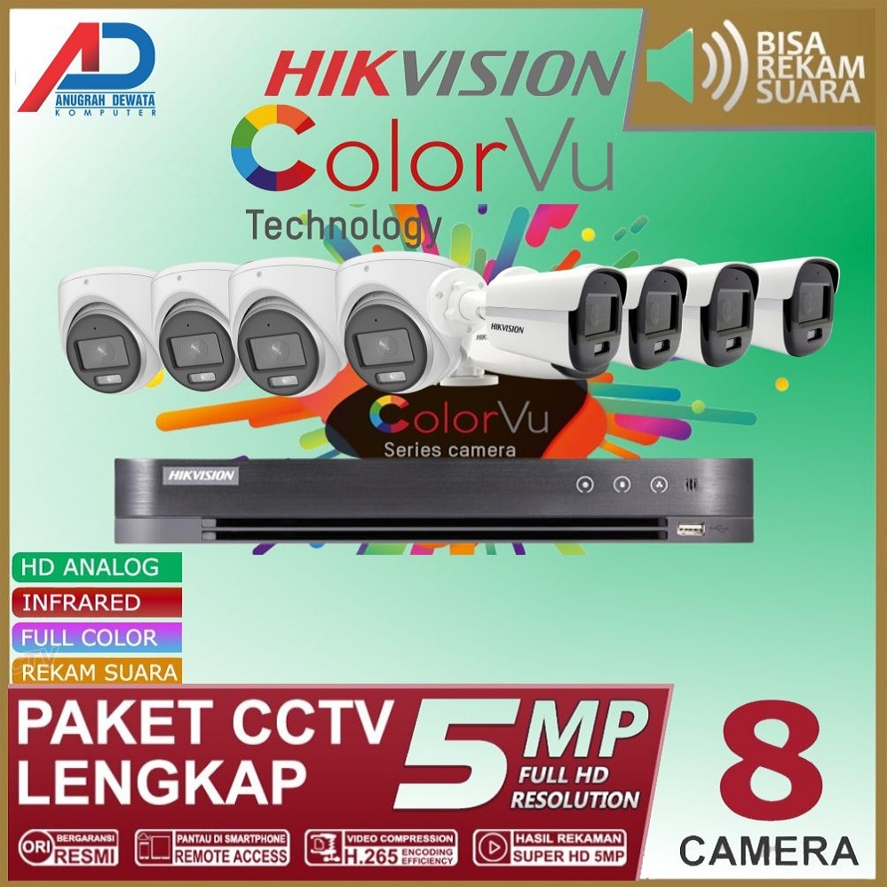 PAKET CCTV HIKVISION COLORVU 5MP AUDIO 8 CAMERA FULL SET