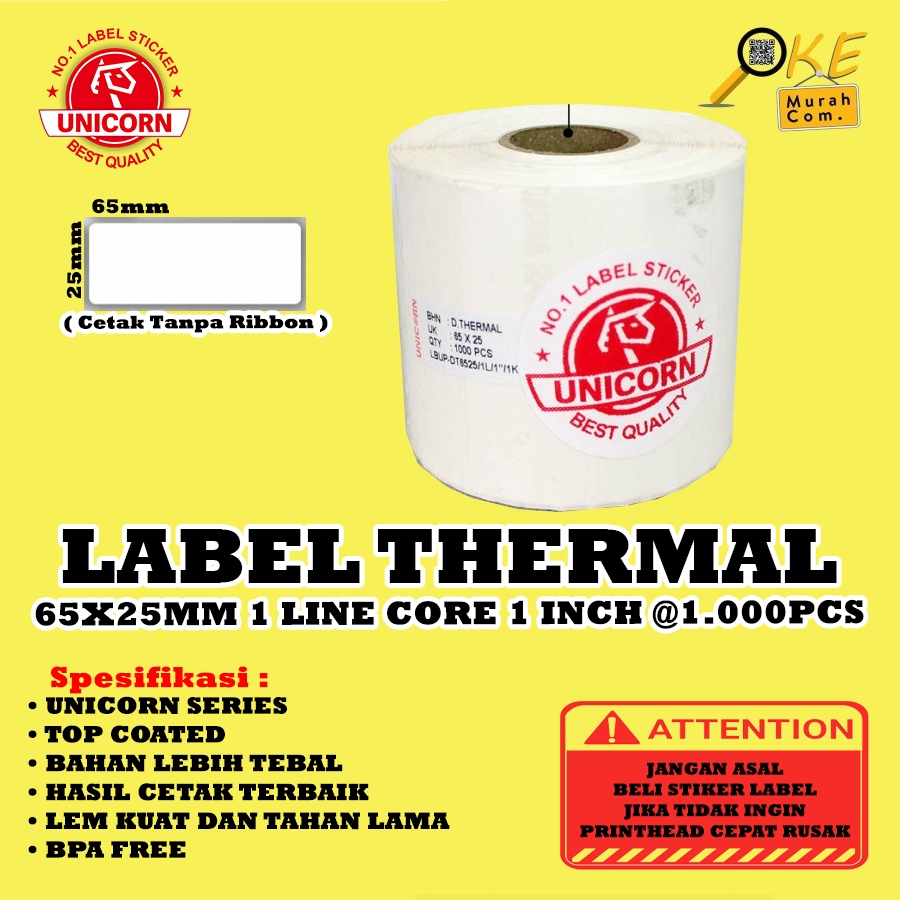 

Stiker Label Barcode Themal 65x25mm / 65x25 mm / 65 x 25 mm 1 Line Core 1" 1.000pcs