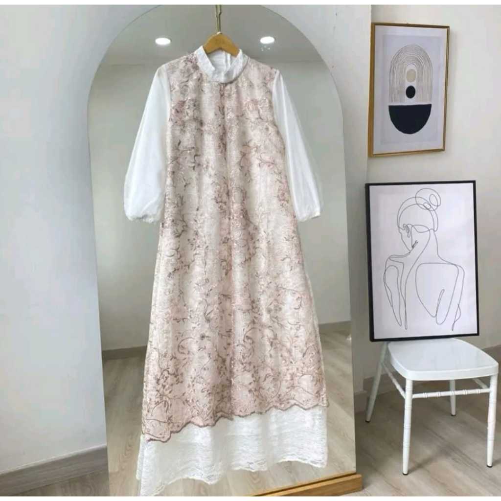 Baju Lebaran Wanita Terbaru Flower Dress BO Size M L XL XXL XXXL LD 100-130 CM PB 140 CM Bahan Bruka