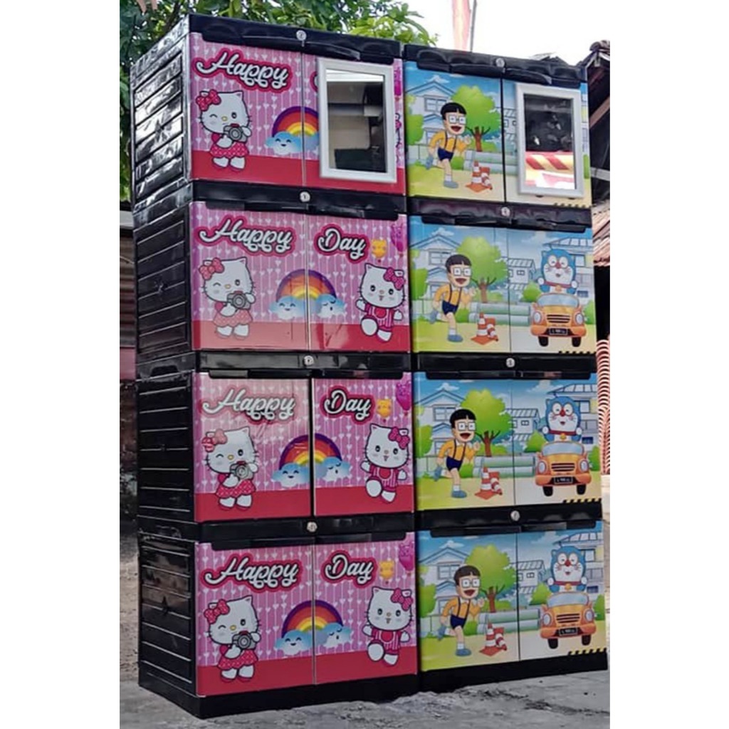 LEMARI PLASTIK 4SUSUN RAK PAKAIAN KACA CERMIN FULL KUNCI STIKER MURAH SERBAGUNA HARGA EKONOMIS DMST
