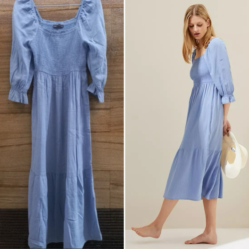 (Hb 500k) Marks & Spencer Linen Blend Midi Dress in Sky Blue Preloved Like New / M&S Smocked Square 