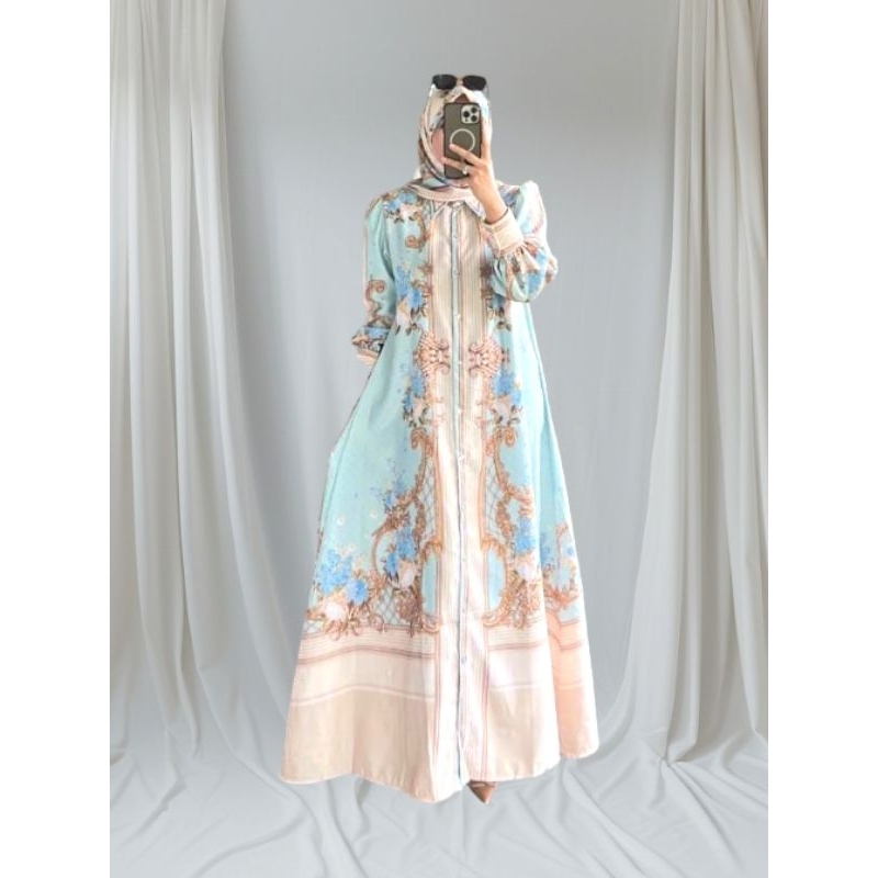 New gamis sethijab mewah motif terbaru bunga anggun warna biru langit bahan katun silk ld 116 pb 135