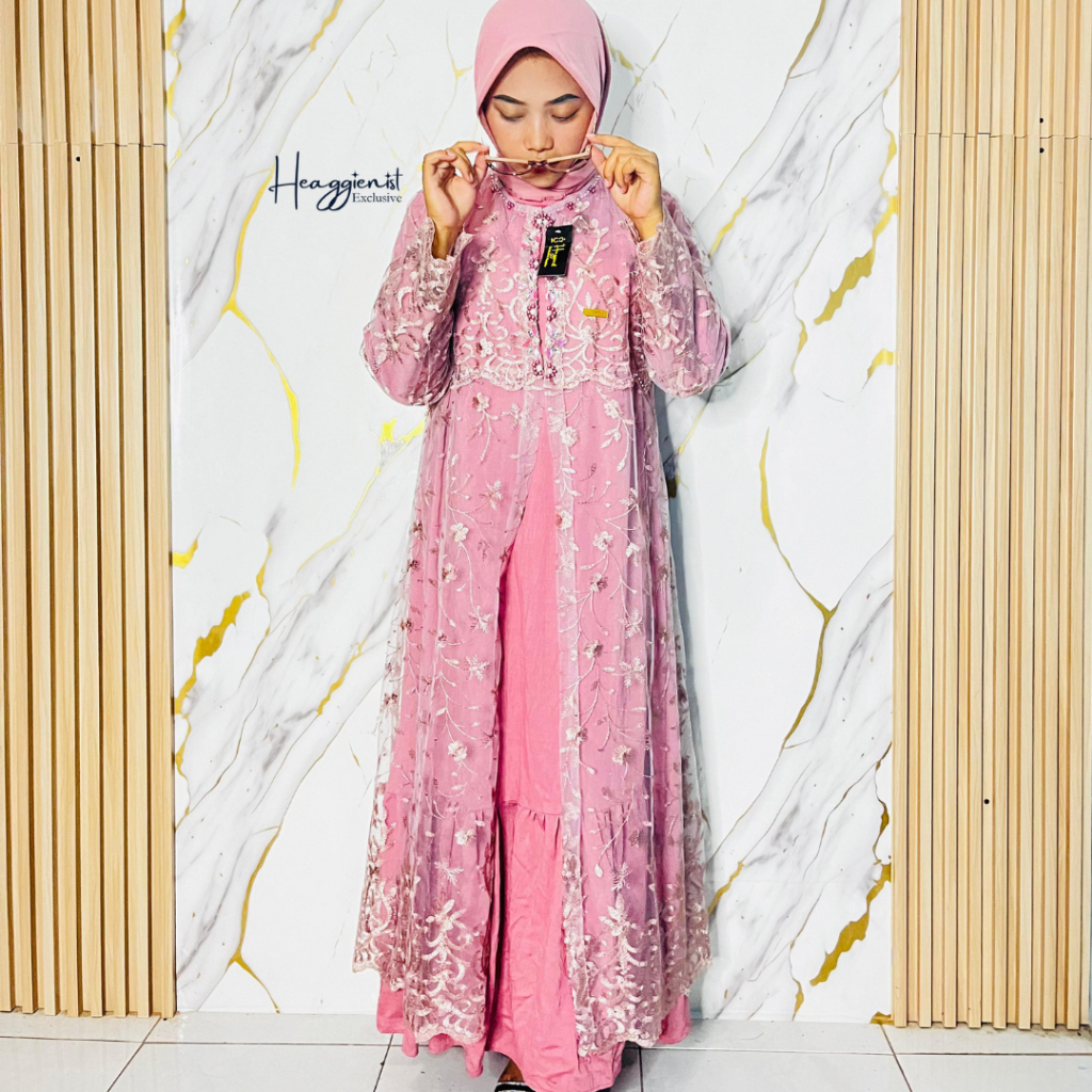 Gamis Outer Tile Bordir Polo Linen Pisahan Gamis Kekinian Dress Pesta Kondangan Kombinasi  Inner