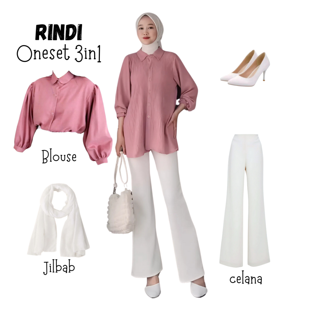 oneset 3in1 atasan kemeja blouse pink celana cutbray scuba highwaist putih jilbab bella putih | pere