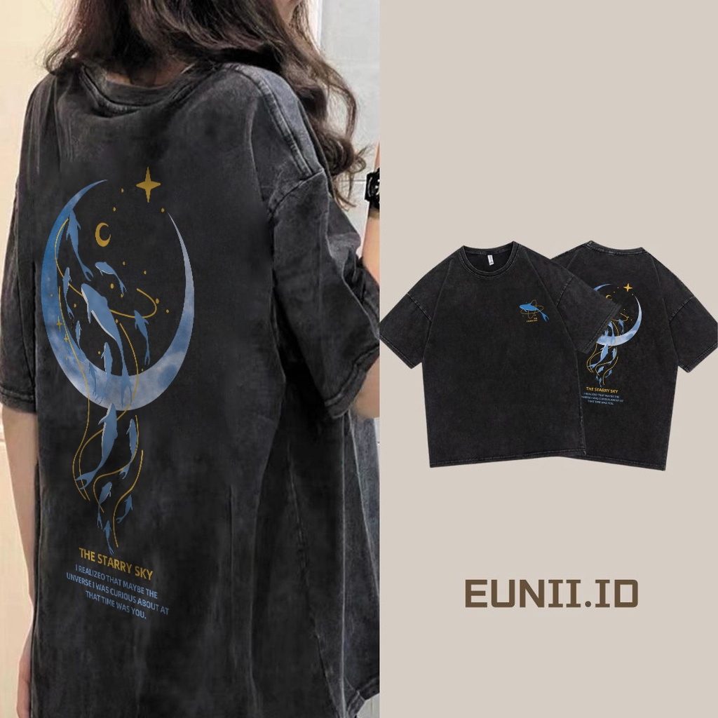 Kaos Lengan Pendek Wanita EUNII |Cetak Bulan Biru|Kaos Korea / Pakaian Wanita / Kaos Kasual Wanita /