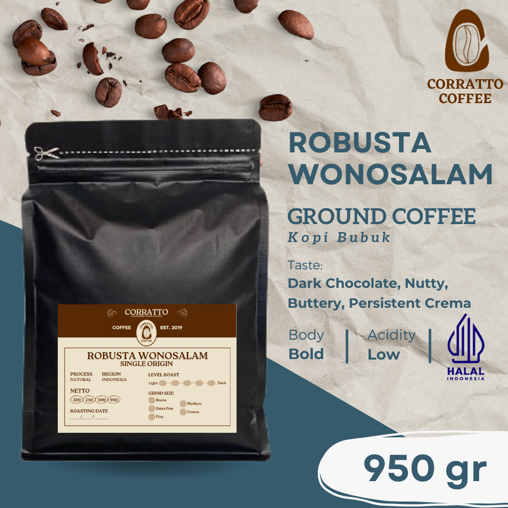 

Bubuk Kopi Robusta Wonosalam 950 gram Corratto Coffee