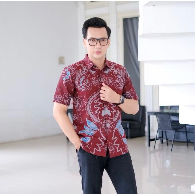 Lengan Pendek Batik Pria Remaja Cowo Aesthetic Merah Maroon Slimfit Bahan Katun Prima Lapis Furing