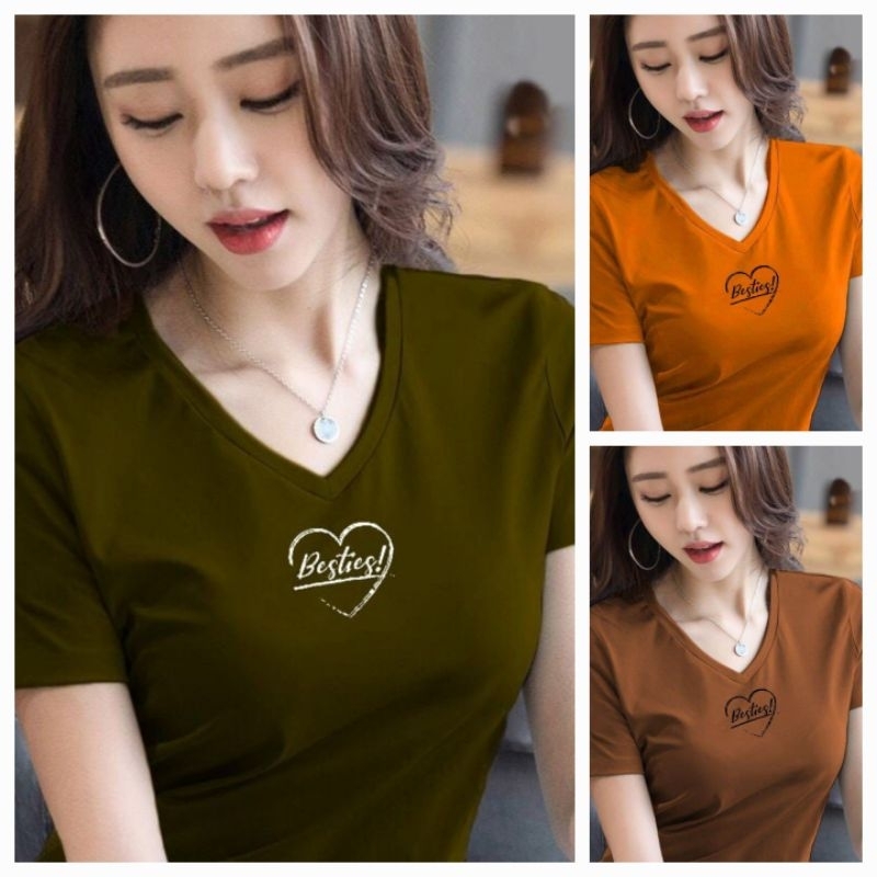 Kaos wanita kerah V neck Bestie