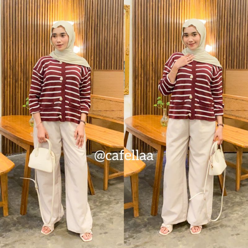 One Set Wanita / Cardigan Rajut Stripe + Oro Pants Haighwaist / Setelan Wanita / Setelan Wanita Keki