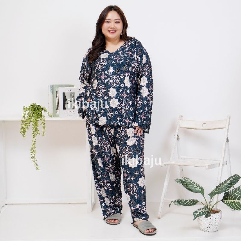 UIY Piyama Rayon Jumbo LD 140 Setelan Baju Tidur Wanita Lengan Panjang