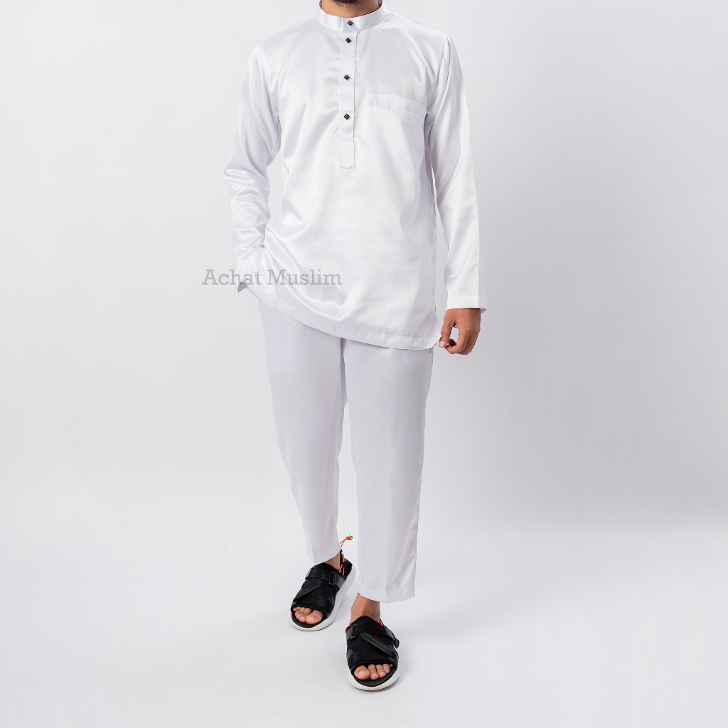 Baju Koko Set Lengan Panjang Pria muslim Dewasa Satu set Atasan Sama Bawahan Warna Putih
