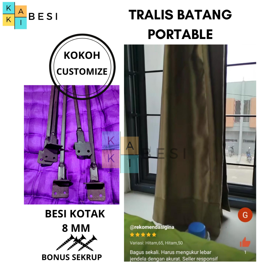 Teralis Tralis Jendela Batang Portable Besi Kotak Polos 8 mm Panjang 30 s.d 65 cm
