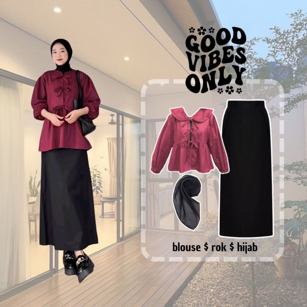 Setelan Wanita Hijab ( Blouse + Rok Span + Hijab ) OOTD Korean Style Kekinian L33