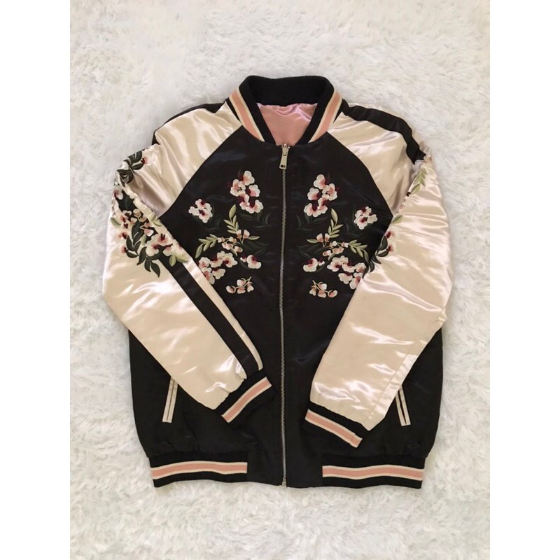 Stradivarius Emboidered Floral Reversible Bomber