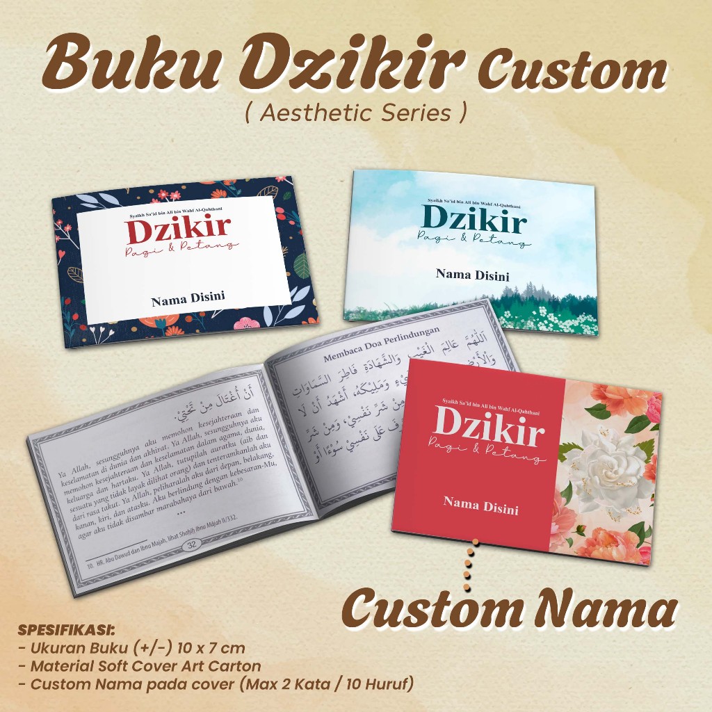 BUKU DZIKIR PAGI PETANG - CUSTOM NAMA - Desain Estetik Aesthetic Muslimah