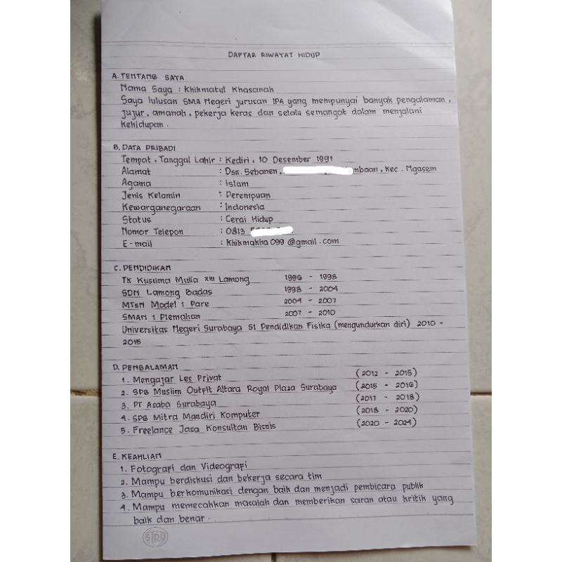 Jasa Tulis Tangan Daftar Riwayat Hidup - CV (Hard File/Soft File)