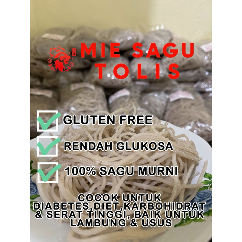 

Mie Sagu Tolis Free Gluten khas Sulawesi Tengah isi 500 Gram 100% Sagu Murni Tanpa Pengawet