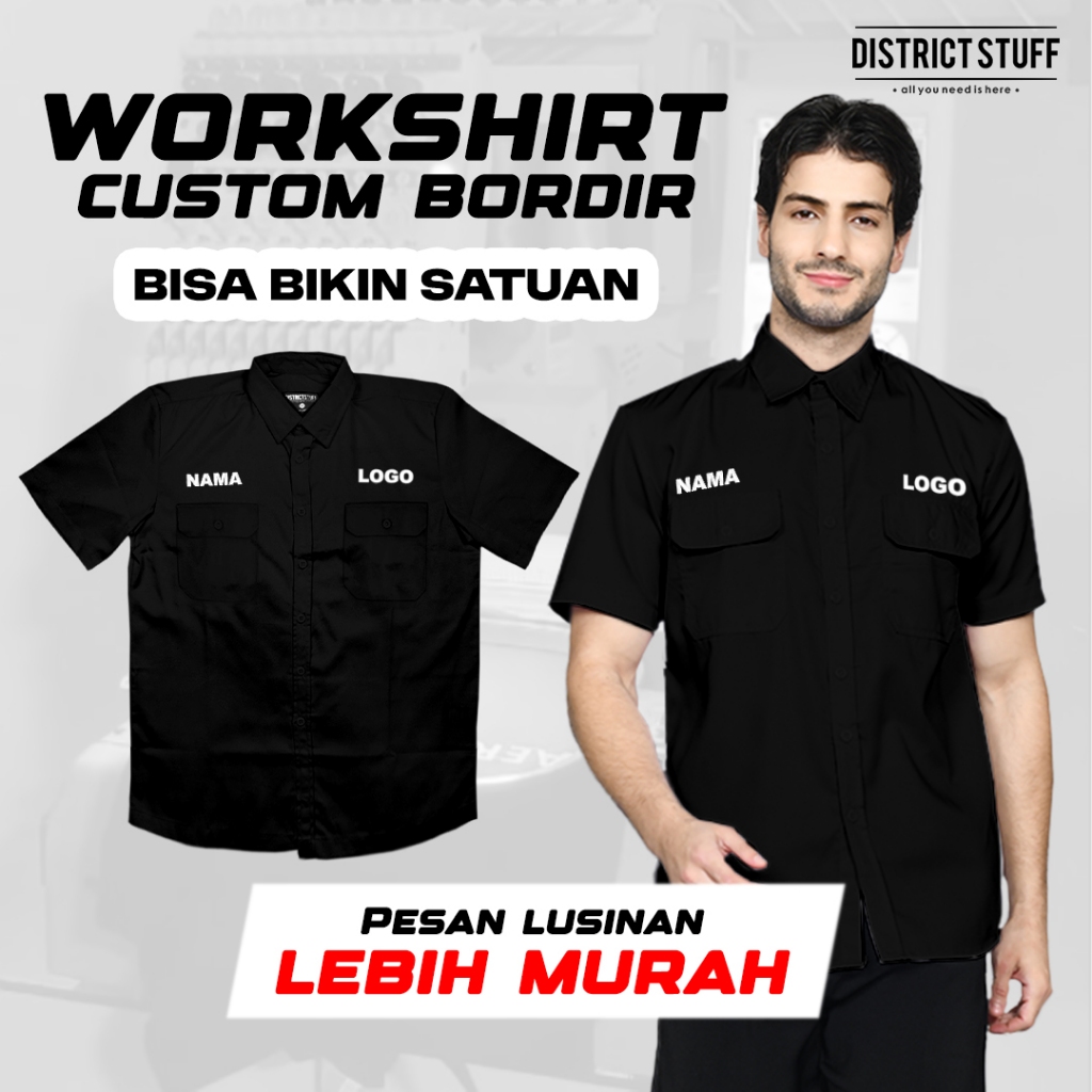 Custom Bordir Workshirt Kemeja Kerja Workshirt Custom Bordir Logo dan Tulisan Pria Kemeja Kerja Logo