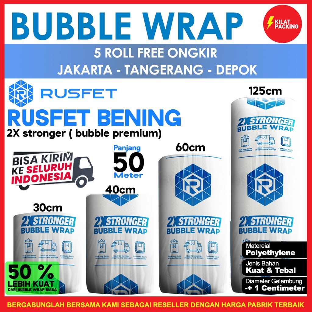 

Plastik Bubble Wrap 50Meter RUSFET Bubblewrap Buble Packing Babel Wrap Tebal ROLL