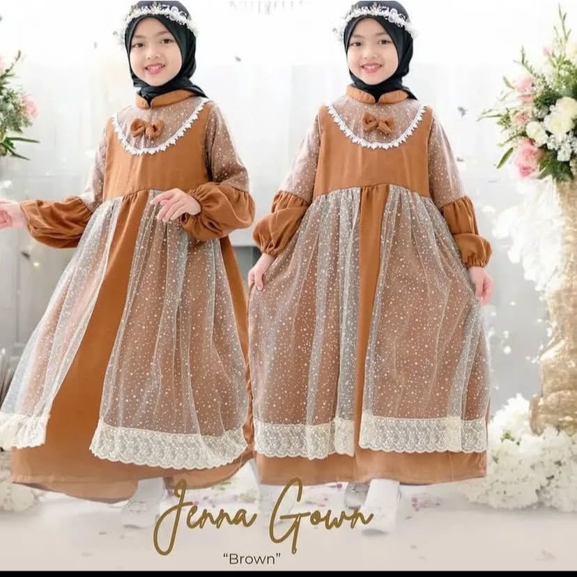 Jeena Kids Dress Anggun Anak Perempuan Bahan Crinkle mix Tulle Raindrop+Renda Gamis Lebaran Terbaru